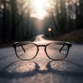 Clear illustration of the road leading to the light source behind the glasses, with a blurred background. Generative AI Royalty Free Stock Photo