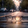 Clear illustration of the road leading to the light source behind the glasses, with a blurred background. Generative AI Royalty Free Stock Photo