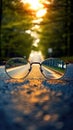 Clear illustration of the road leading to the light source behind the glasses, with a blurred background. Generative AI Royalty Free Stock Photo