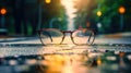 Clear illustration of the road leading to the light source behind the glasses, with a blurred background. Generative AI Royalty Free Stock Photo