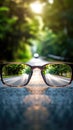 Clear illustration of the road leading to the light source behind the glasses, with a blurred background. Generative AI Royalty Free Stock Photo