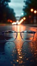 Clear illustration of the road leading to the light source behind the glasses, with a blurred background. Generative AI Royalty Free Stock Photo