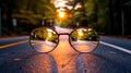 Clear illustration of the road leading to the light source behind the glasses, with a blurred background. Generative AI Royalty Free Stock Photo