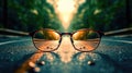 Clear illustration of the road leading to the light source behind the glasses, with a blurred background. Generative AI Royalty Free Stock Photo