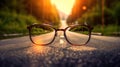 Clear illustration of the road leading to the light source behind the glasses, with a blurred background. Generative AI Royalty Free Stock Photo