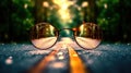 Clear illustration of the road leading to the light source behind the glasses, with a blurred background. Generative AI Royalty Free Stock Photo