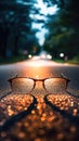 Clear illustration of the road leading to the light source behind the glasses, with a blurred background. Generative AI Royalty Free Stock Photo