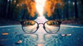 Clear illustration of the road leading to the light source behind the glasses, with a blurred background. Generative AI Royalty Free Stock Photo