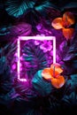 Creative fluorescent color layout made of tropical leaves with neon light square. Generative AI