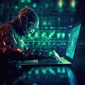 Cyber hacker man typing on laptop with circuit board animation background. Generative AI