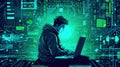 Cyber hacker man typing on laptop with circuit board animation background. Generative AI