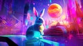 A digital artwork of the Easter Bunny with many colorful Easter eggs, set in a futuristic cityscape. Generative AI Royalty Free Stock Photo