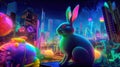 A digital artwork of the Easter Bunny with many colorful Easter eggs, set in a futuristic cityscape. Generative AI Royalty Free Stock Photo