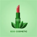 Concept illustration of ecologic and healthy cosmetics. Tube of pink lipstick in a green package and leaves