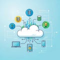 Concept illustration features a central cloud icon with interconnect Royalty Free Stock Photo