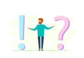 Concept illustration of frequently asked questions of exclamation marks and question marks, metaphor question answer. Man Ask Royalty Free Stock Photo