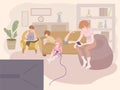 Concept illustration of gadget addicted family sitting together in living room and using digital devices