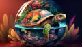 Giant space turtle carrying earth on its back is wandering in space. Generative AI