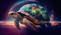 Giant space turtle carrying earth on its back is wandering in space. Generative AI