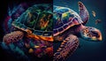 Giant space turtle carrying earth on its back is wandering in space. Generative AI