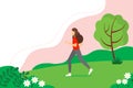 Concept illustration for healthy lifestyle, exercising, jogging. Woman running in the park. Cute vector illustration in