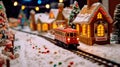 An illustration depicting a gingerbread train traveling along snow-covered tracks through a village. Generative AI