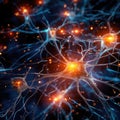 Illustration of a human nerve cell on a dark blue background with light effects. Generative AI