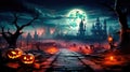 Jack lanterns glowing in the moonlight, in a creepy Halloween night scene. Generative AI Royalty Free Stock Photo