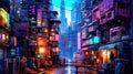 Lovely anime Cyberpunk City Painting, digital painting, night. Generative AI