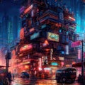 Lovely anime Cyberpunk City Painting, digital painting, night. Generative AI