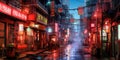 Lovely anime Cyberpunk City Painting, digital painting, night. Generative AI