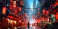 Lovely anime Cyberpunk City Painting, digital painting, night. Generative AI