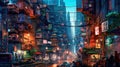 Lovely anime Cyberpunk City Painting, digital painting, night. Generative AI