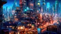 Lovely anime Cyberpunk City Painting, digital painting, night. Generative AI