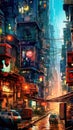 Lovely anime Cyberpunk City Painting, digital painting, night. Generative AI