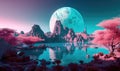 A magical landscape of a turquoise lake surrounded by mountains, trees and bubbles in a vast alien desert. Generative AI Royalty Free Stock Photo