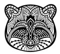 Concept illustration. Monochrome ink drawing. Line art design. The head raccoon in the patterns.