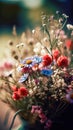 Multi-colored beautiful wildflowers bloom on a green meadow. Warm summer evening. Generative AI Royalty Free Stock Photo