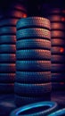 New tires pile on a dark background. Tyre fitting background. Stock of car tires. Generative AI Royalty Free Stock Photo