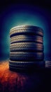 New tires pile on a dark background. Tyre fitting background. Stock of car tires. Generative AI Royalty Free Stock Photo