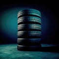 New tires pile on a dark background. Tyre fitting background. Stock of car tires. Generative AI Royalty Free Stock Photo