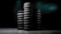 New tires pile on a dark background. Tyre fitting background. Stock of car tires. Generative AI Royalty Free Stock Photo