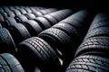 New tires pile on a dark background. Tyre fitting background. Stock of car tires. Generative AI Royalty Free Stock Photo