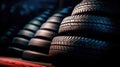 New tires pile on a dark background. Tyre fitting background. Stock of car tires. Generative AI Royalty Free Stock Photo