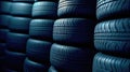 New tires pile on a dark background. Tyre fitting background. Stock of car tires. Generative AI Royalty Free Stock Photo