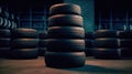 New tires pile on a dark background. Tyre fitting background. Stock of car tires. Generative AI Royalty Free Stock Photo