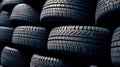 New tires pile on a dark background. Tyre fitting background. Stock of car tires. Generative AI Royalty Free Stock Photo