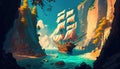 An old ship is sailing on the sea. Seascape. Book illustration. A scene from a video game. Serious digital painting. Generative AI Royalty Free Stock Photo