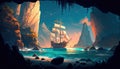 An old ship is sailing on the sea. Seascape. Book illustration. A scene from a video game. Serious digital painting. Generative AI Royalty Free Stock Photo