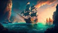 An old ship is sailing on the sea. Seascape. Book illustration. A scene from a video game. Serious digital painting. Generative AI Royalty Free Stock Photo